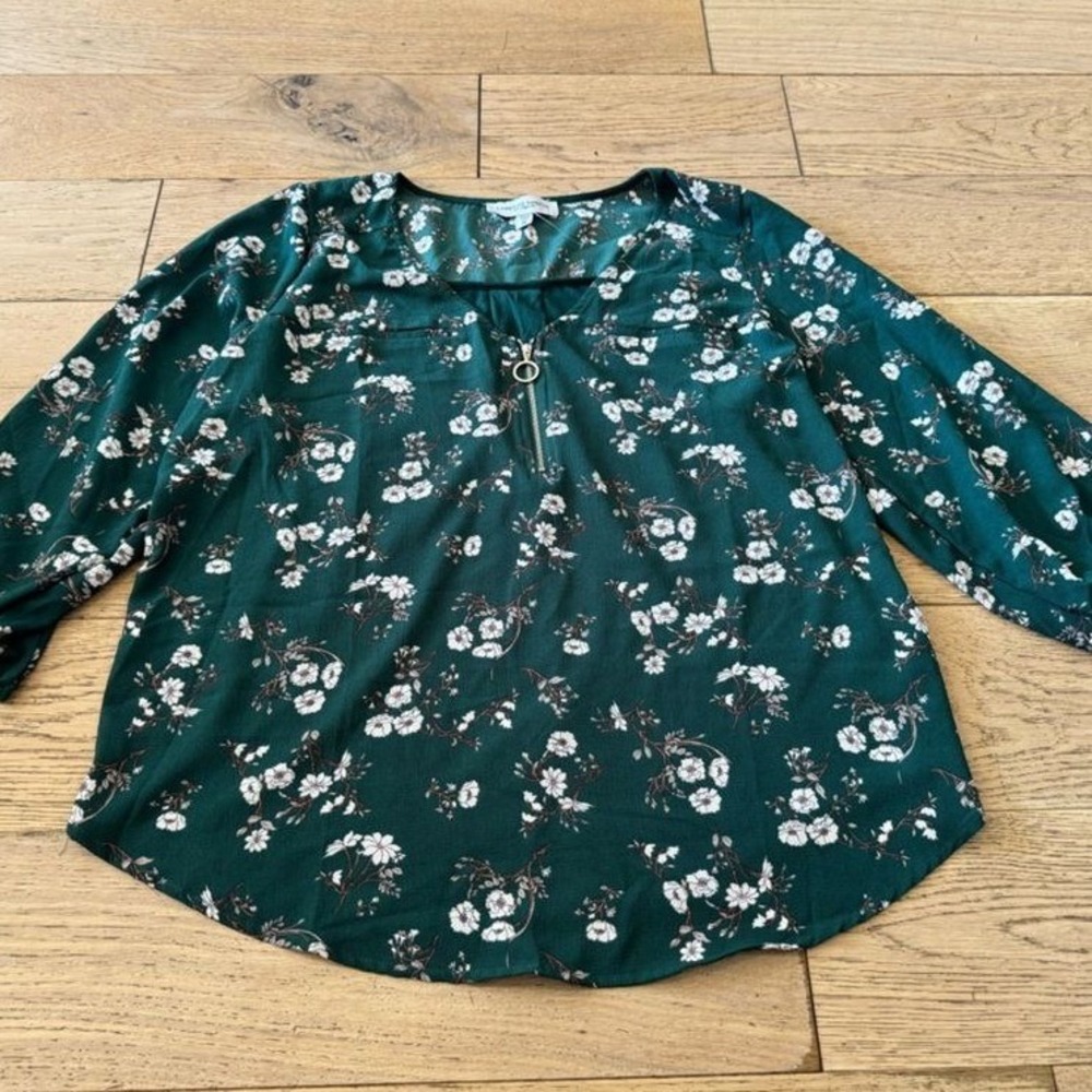 Tempted Hearts Forest Green Floral O-Ring Zip V-Neck Blouse 2X NEW (1135)